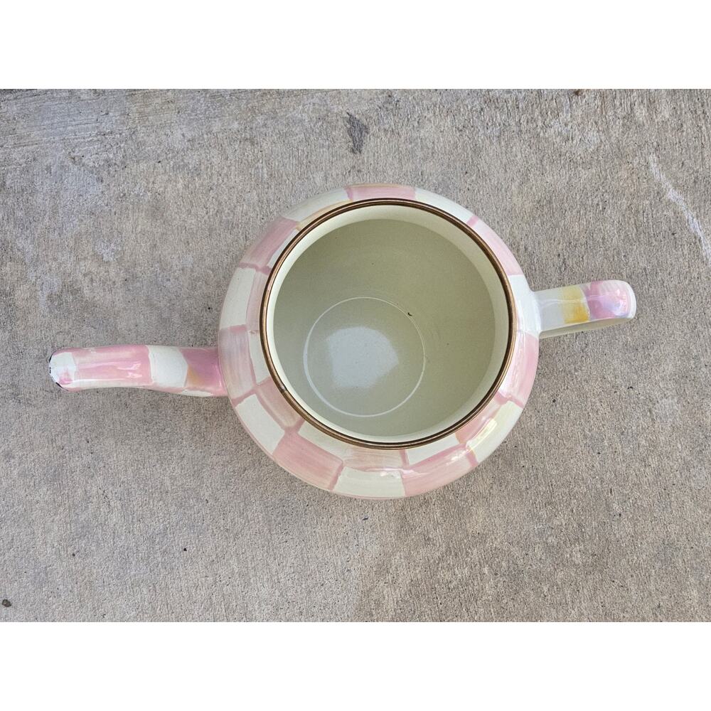 MACKENZIE-CHILDS Enamel Teapot, Cute Small Teapot NO Lid, 4-Cup, PINK CHECK - Picture 2 of 6